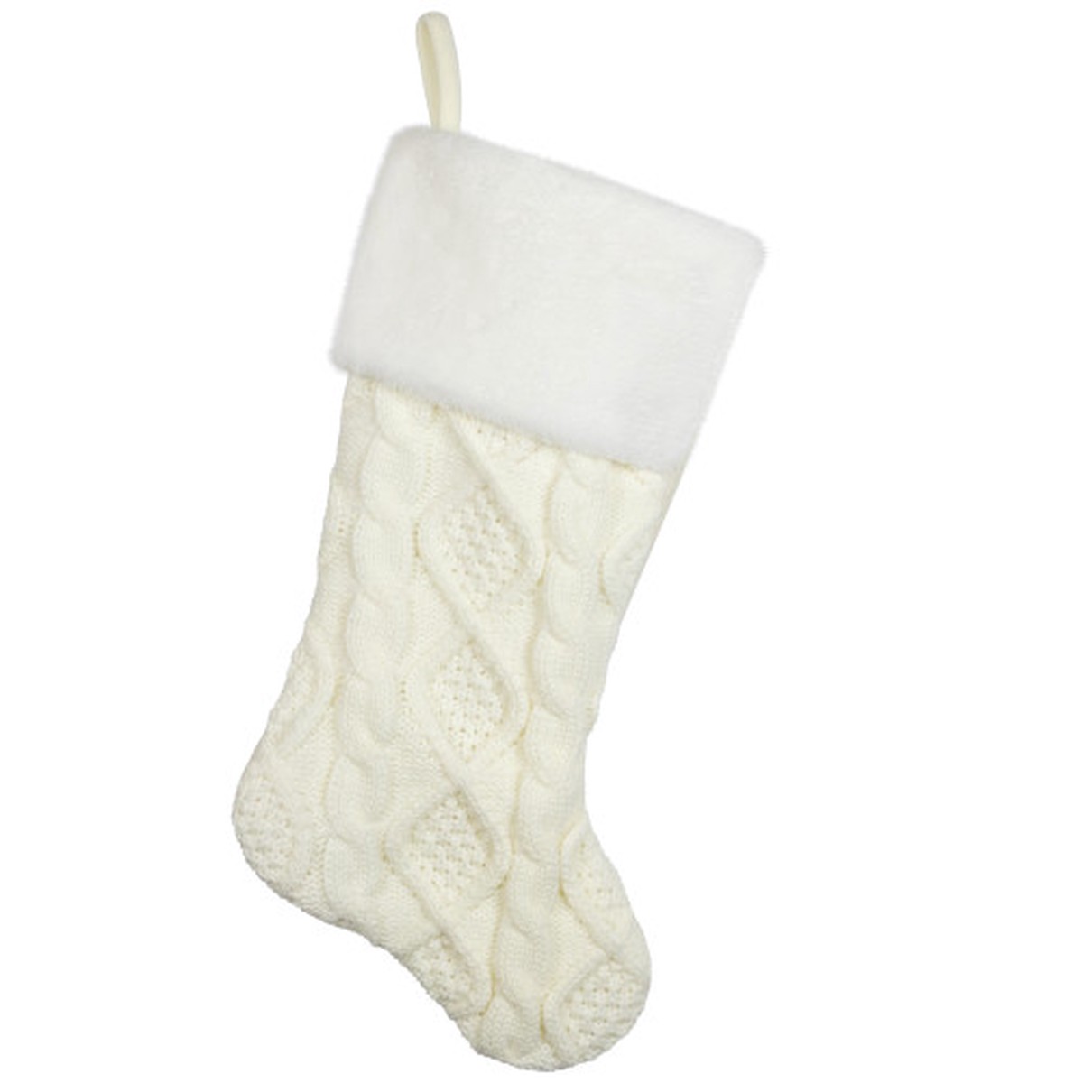 Cable Knit Christmas Stocking with Faux Fur Cuff – 20.5″ – Cream and White