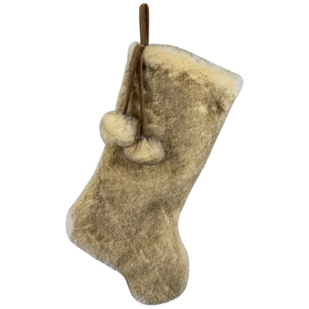 Faux Fur Christmas Stocking with Pom Poms – 20.5″ – Beige and Brown