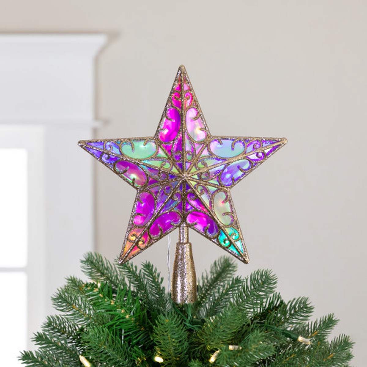 LED Lighted Iridescent Star Christmas Tree Topper – 11″ – Champagne – Multicolor Lights