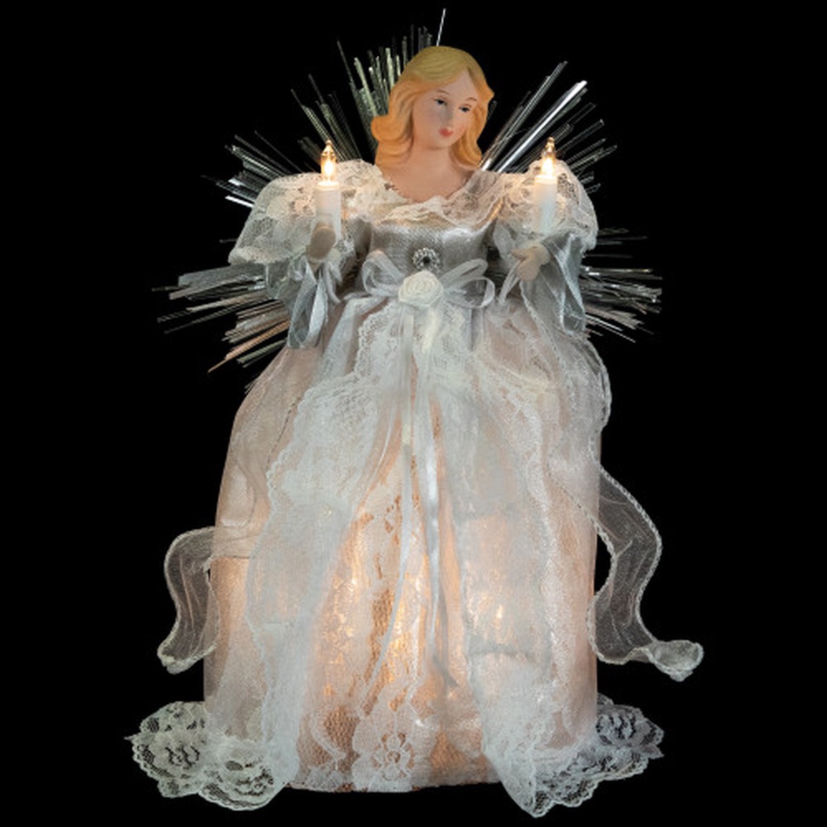 Lighted Angel with Candle Christmas Tree Topper – 10.5 – Silver – Clear Lights