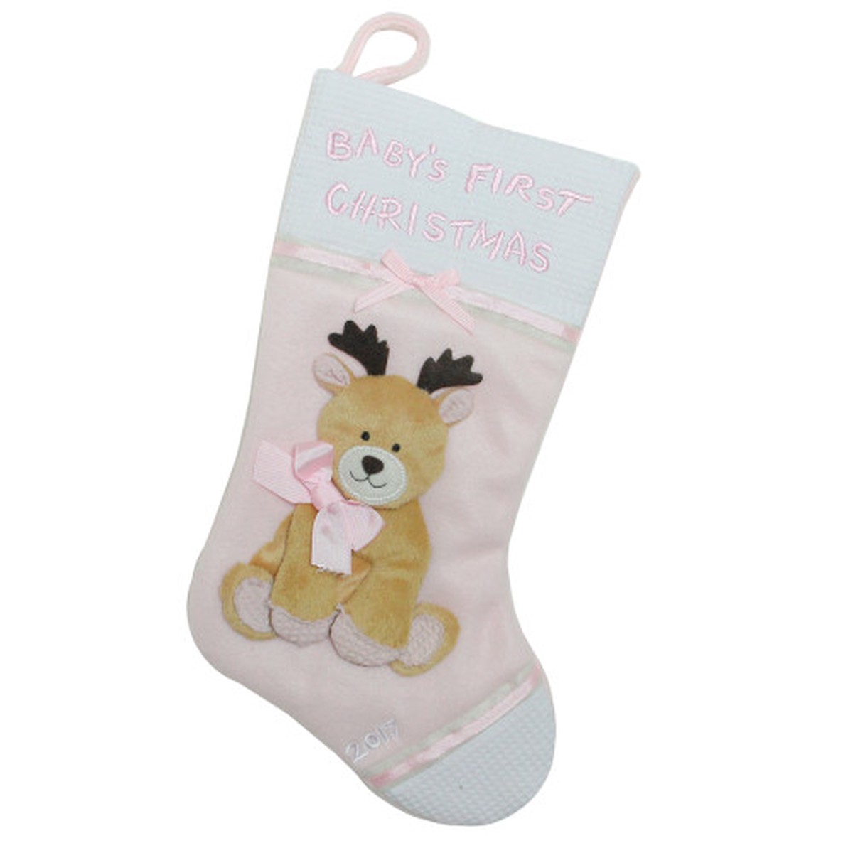 Pink and Brown Reindeer Hanging ‘Baby’s First Christmas’ Christmas Stocking 16”
