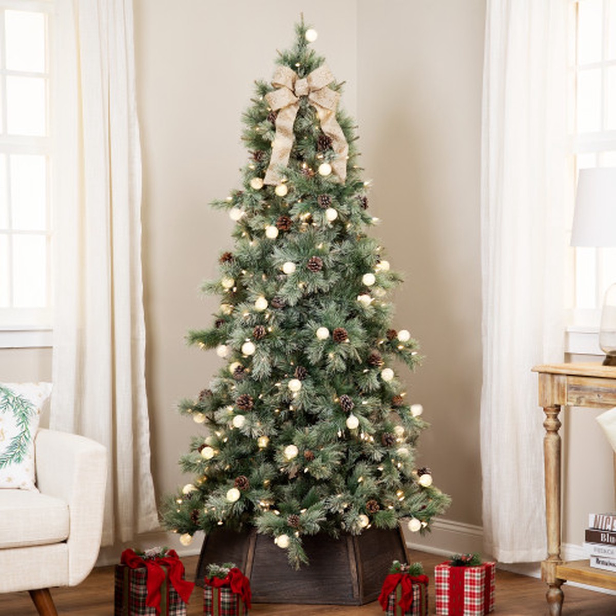 Pre-Lit Medium Artificial Bottle Brush Christmas Tree – 7.5′ – Warm White LED Lights