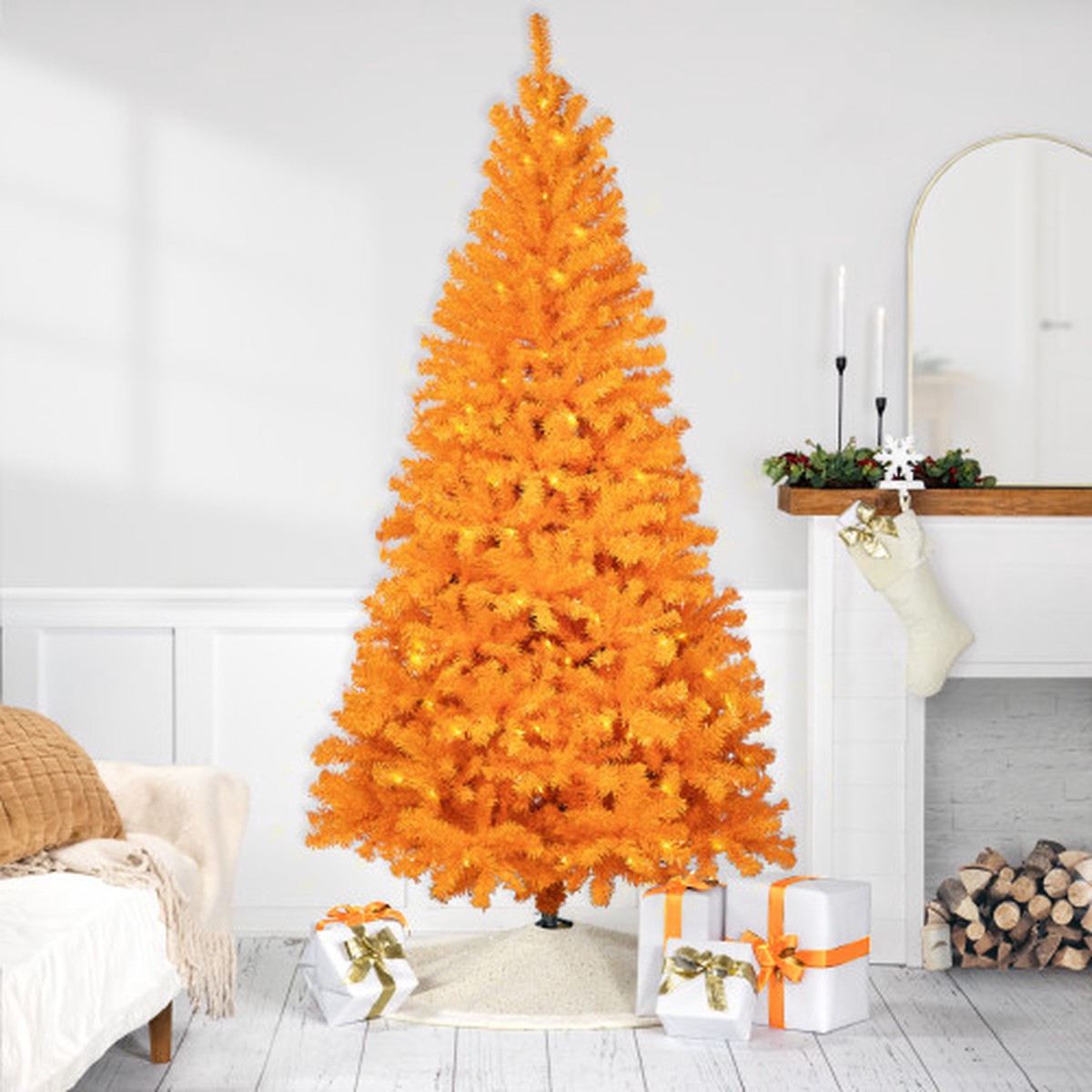 Pre-Lit Medium Artificial Pine Christmas Tree – 7′ – Orange – Clear Lights