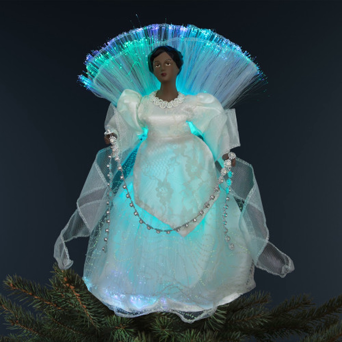 Lighted Fiber Optic African American Angel Christmas Tree Topper – 12″ – Silver