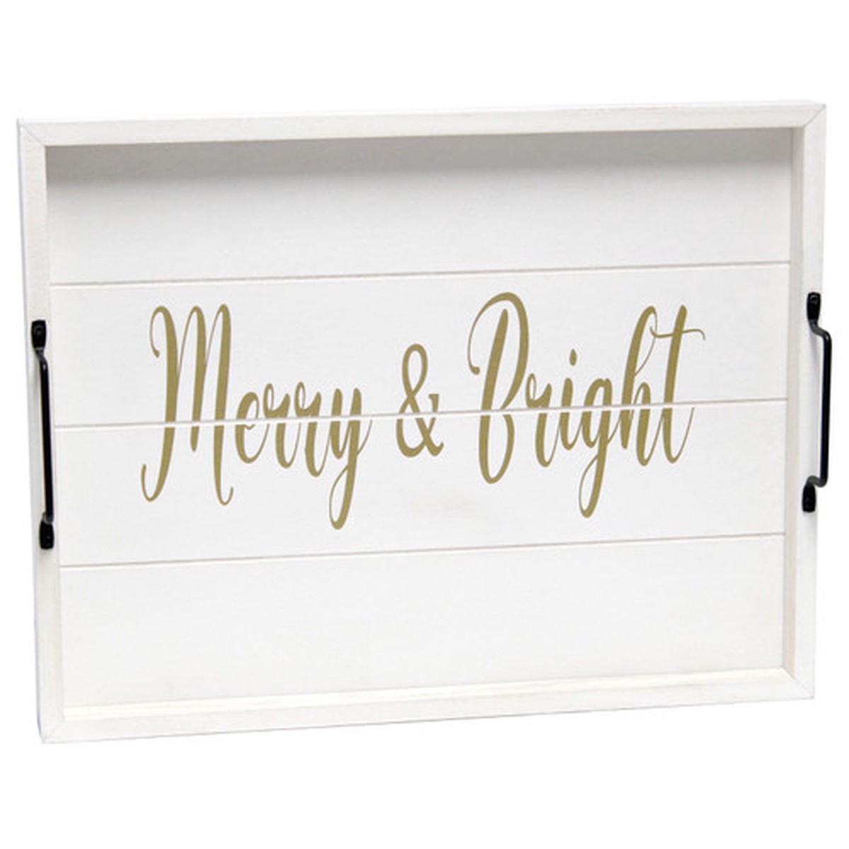“Merry and Bright” Rectangular Wooden Decorative Tray – 15.5″ – White