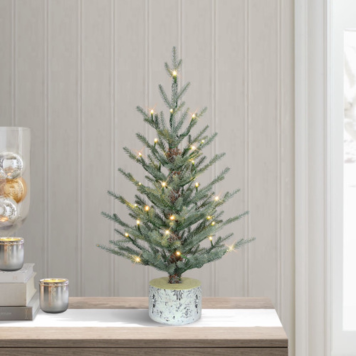 Pre-Lit Arctic Fir Potted Artificial Christmas Tree – 2′ – Blue – Warm White LED