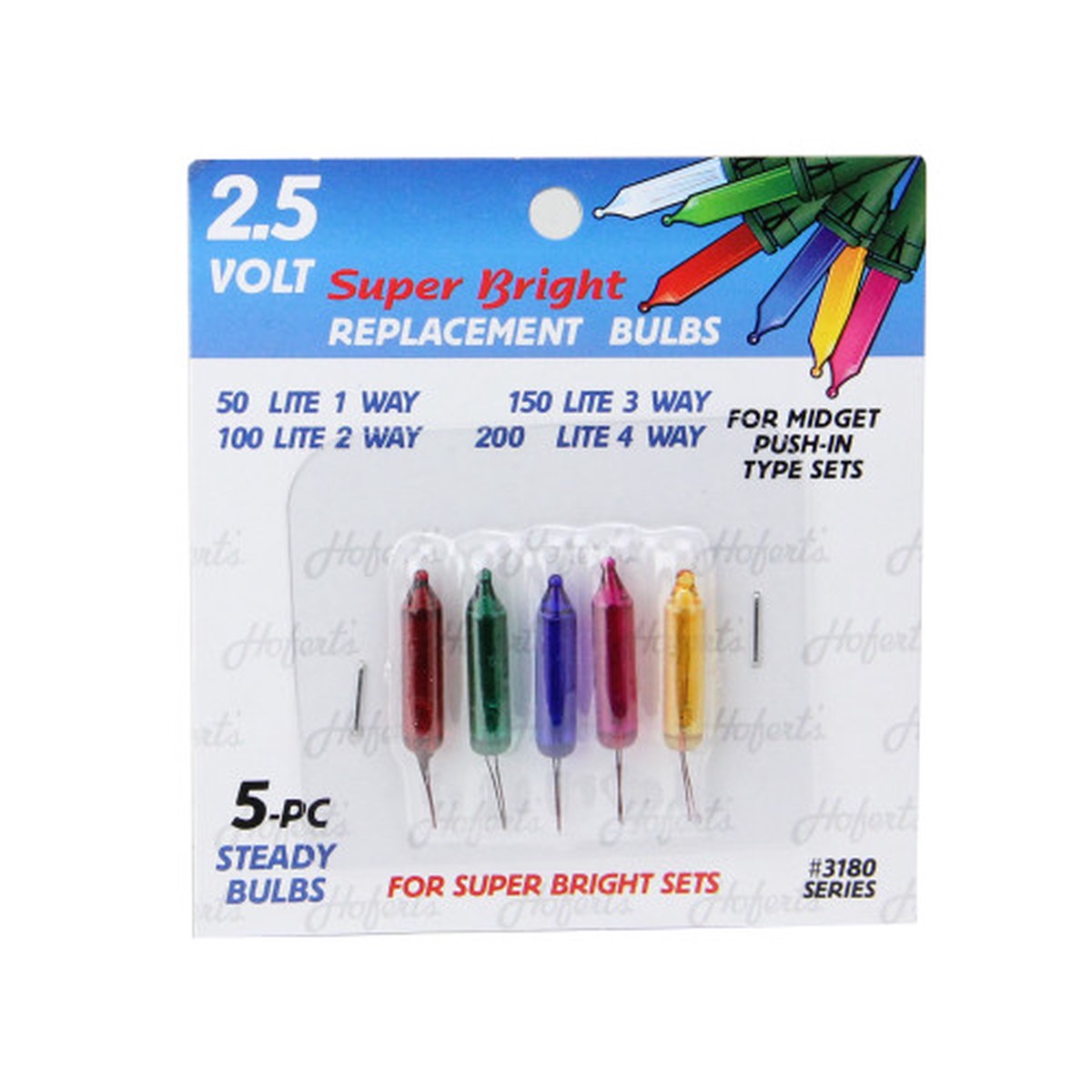 Set of 5 Multi-Color Push-In Mini Replacement Christmas Light Bulbs 2.5 Volt