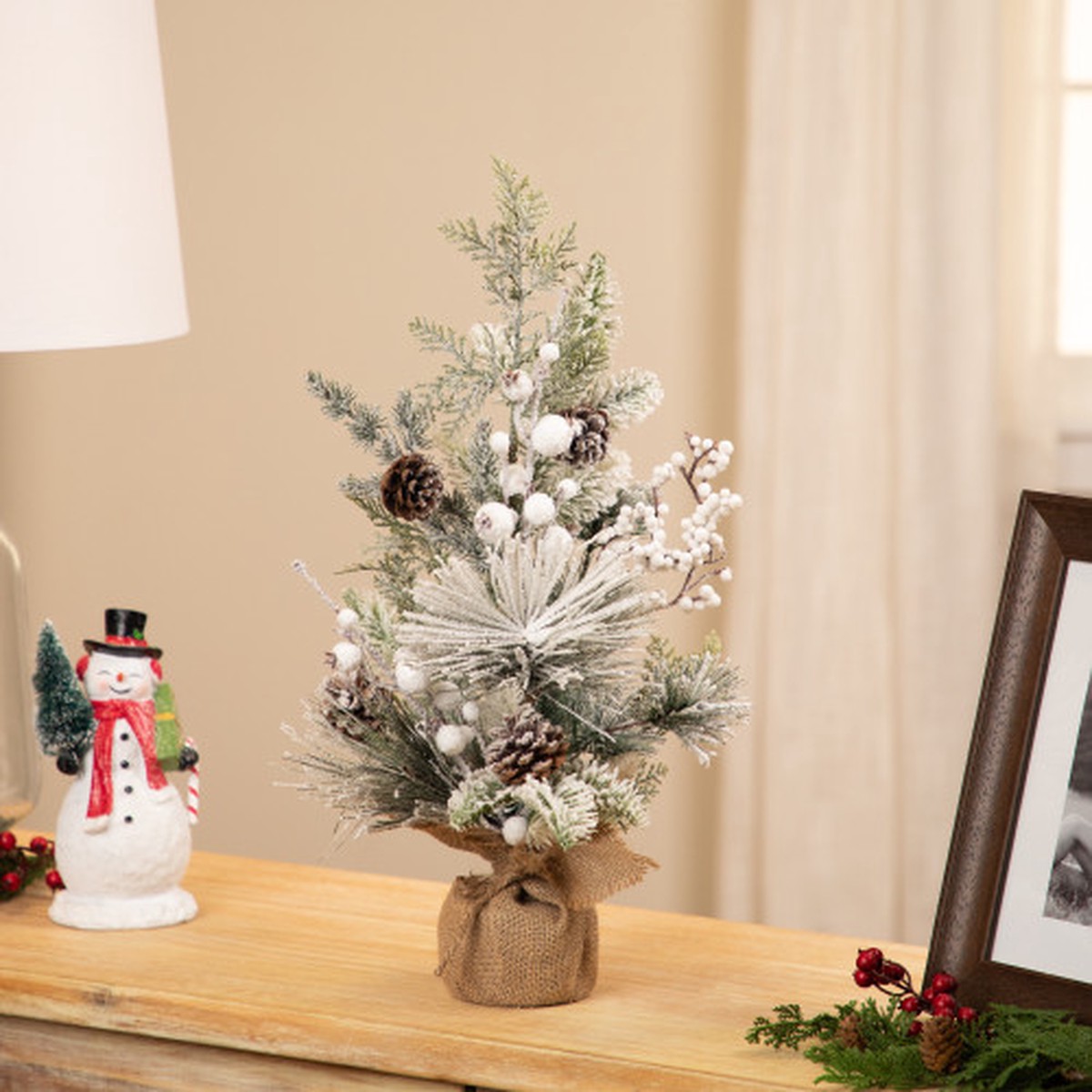 20″ Flocked and Frosted Mixed Foliage Christmas Tree in Burlap Base – Unlit