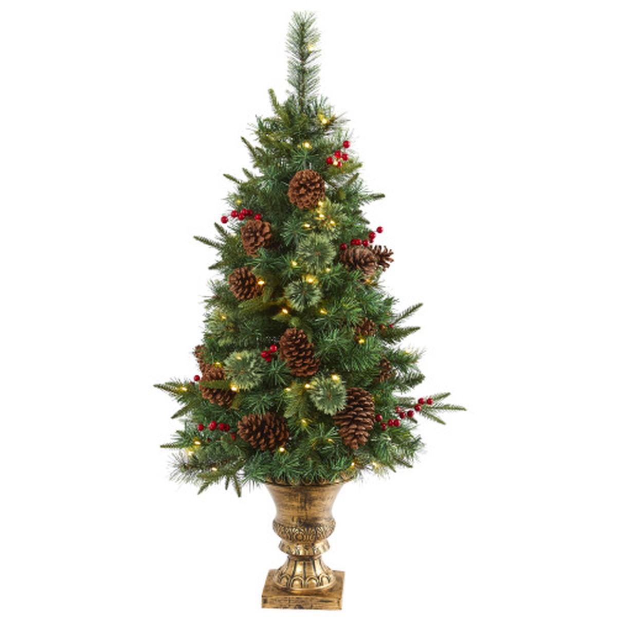 4 Pre-Lit Pine and Pinecones Artificial Christmas Tree with Urn, Clear LED Lights