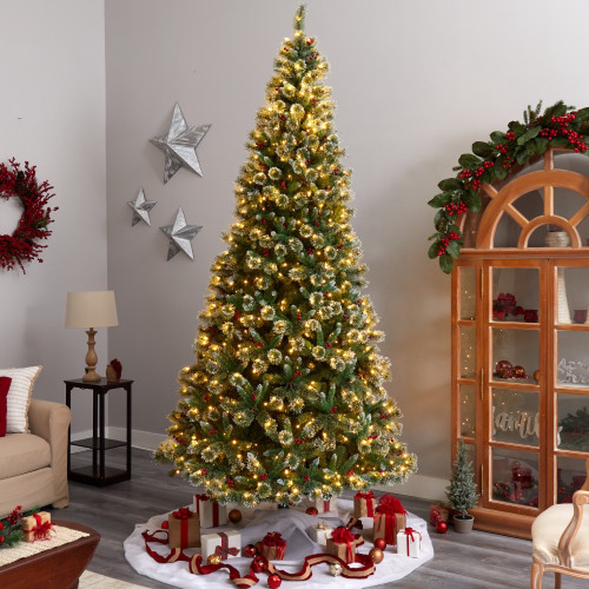 Pre-Lit Frosted Swiss Pine Artificial Christmas Tree with Berries - 10' - Clear LED Lights