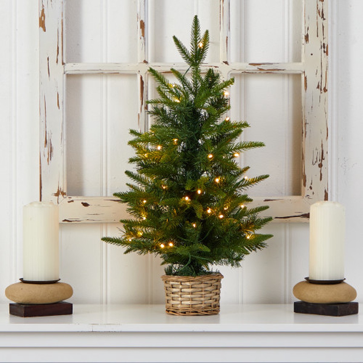 Pre-Lit Mini Artificial Christmas Tree with Wicker Base – 2′ – Clear LED Lights