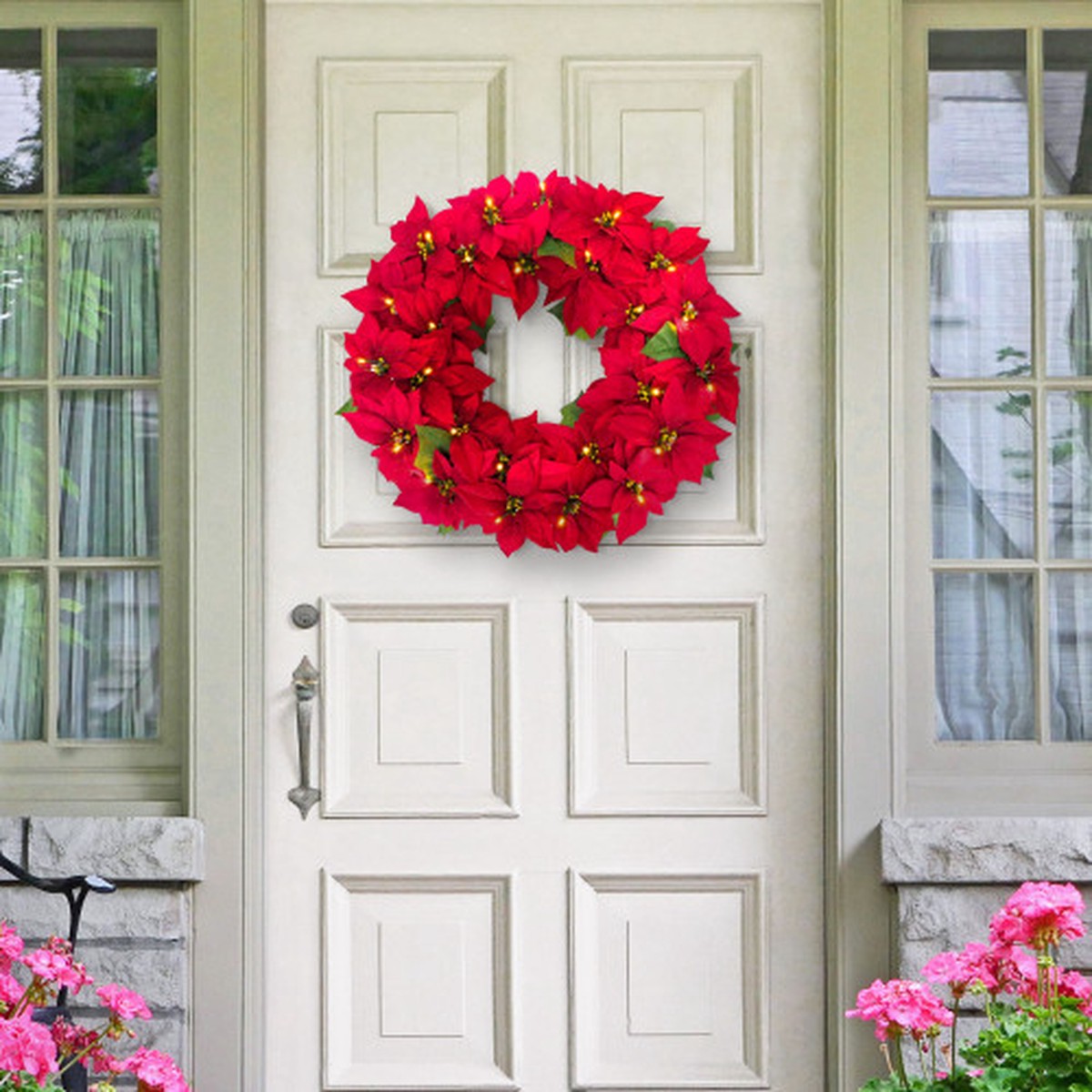Pre-Lit Red Poinsettia Artificial Christmas Wreath – 24″ – Warm White LED Lights
