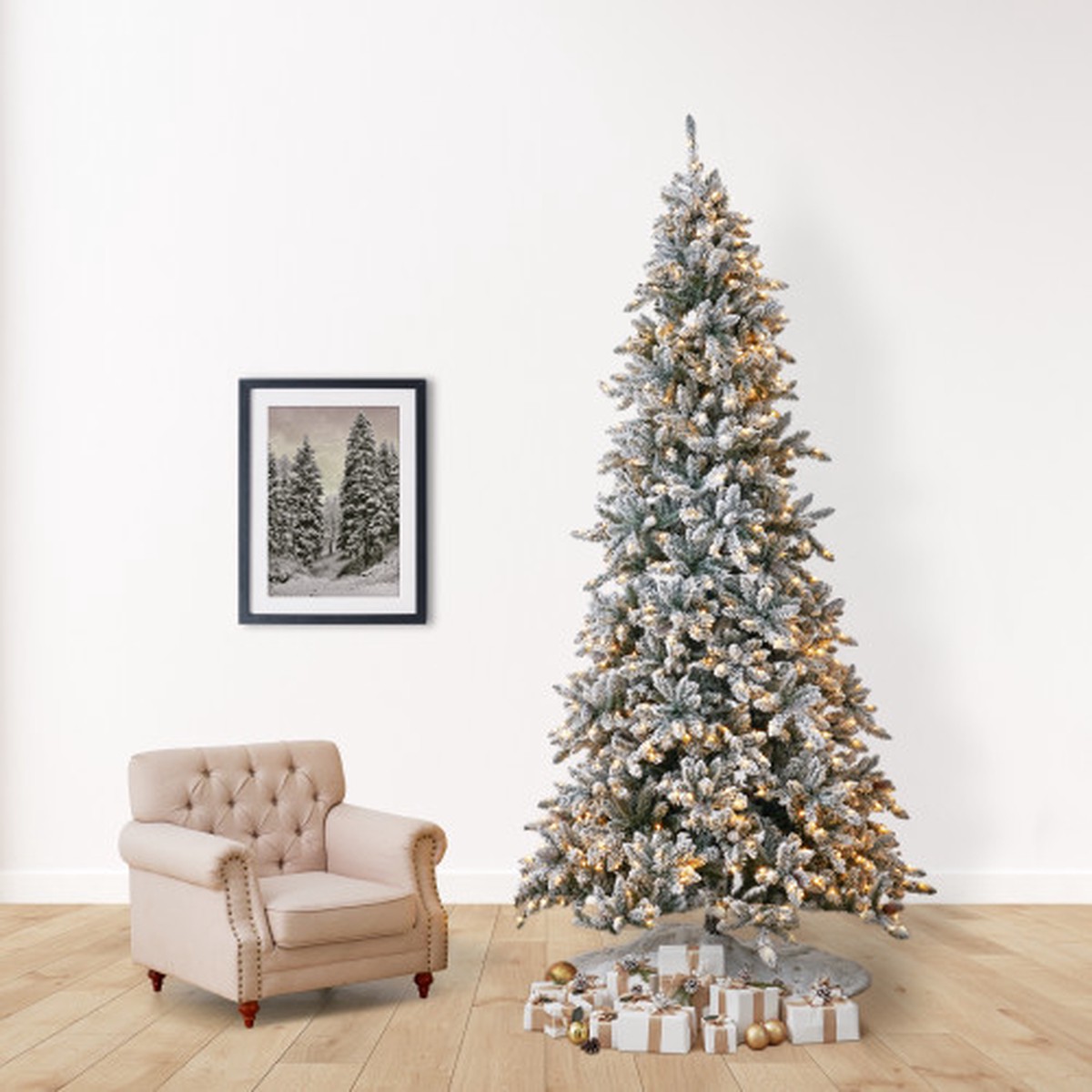 Pre-Lit Slim Flocked Livingston Fir Artificial Christmas Tree - 11' - Clear LED Lights