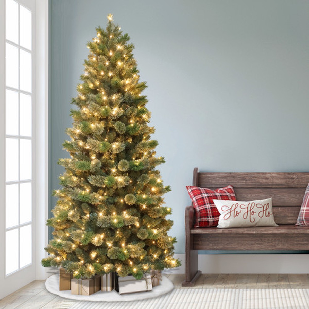 Pre-Lit Slim Oklahoma Pine Artificial Christmas Tree – 7.5′ – Warm White LED