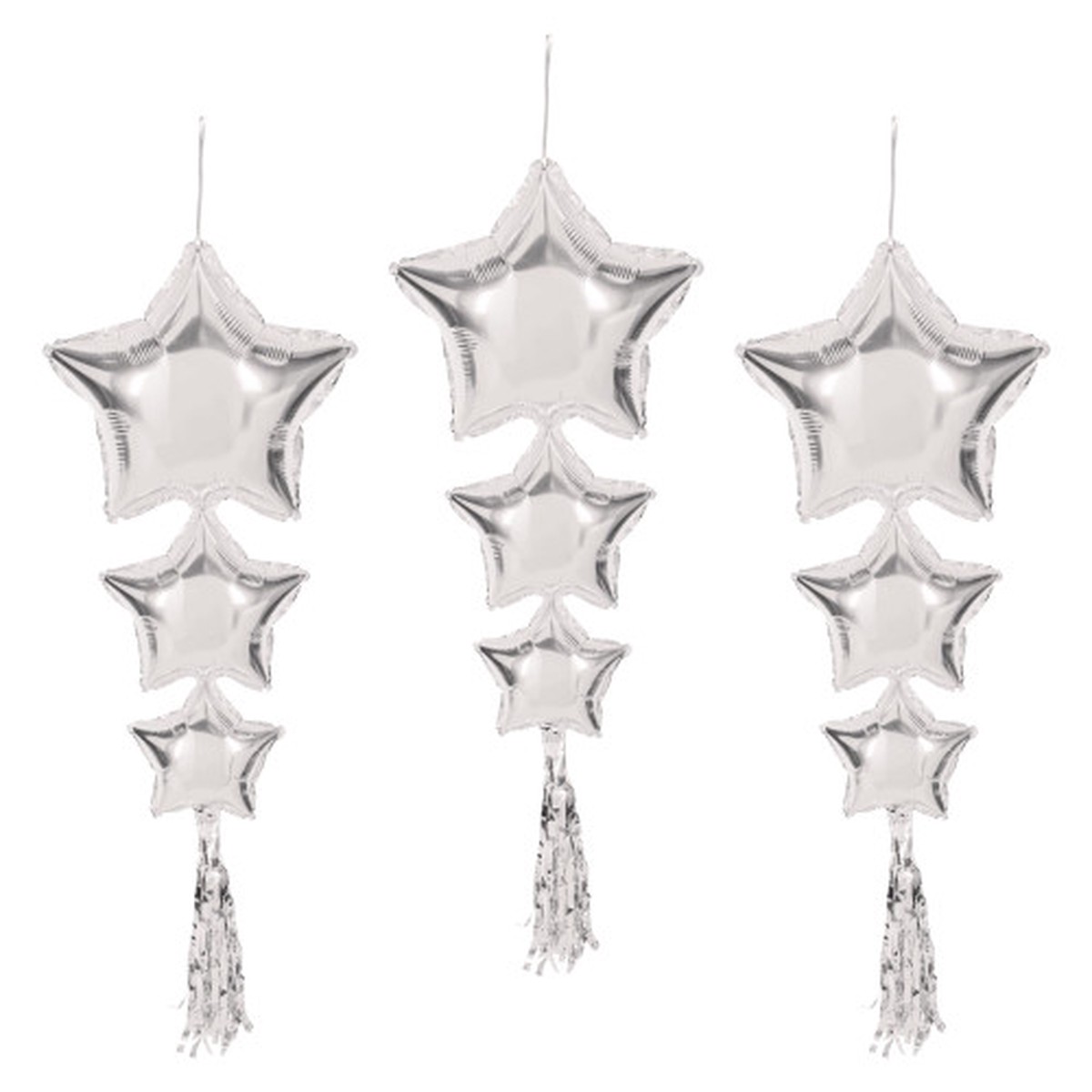 Trio-Star Balloons with Tassels – Silver – 3.75′ – Set of 6
