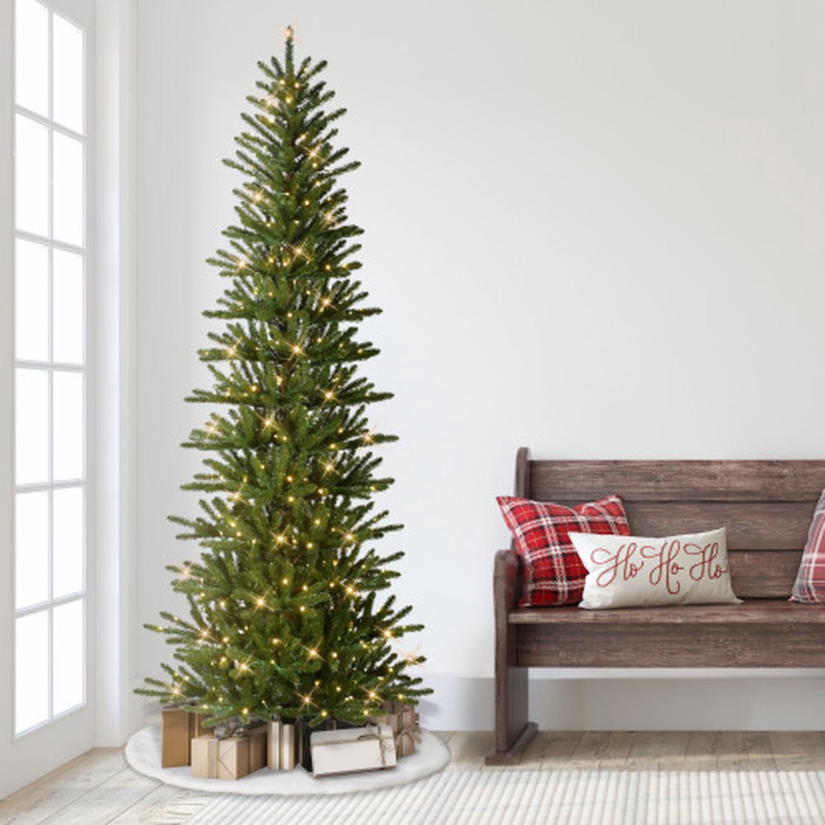 Pre-Lit Slim Mountain View Spruce Artificial Christmas Tree – 7.5′ – Warm White LED