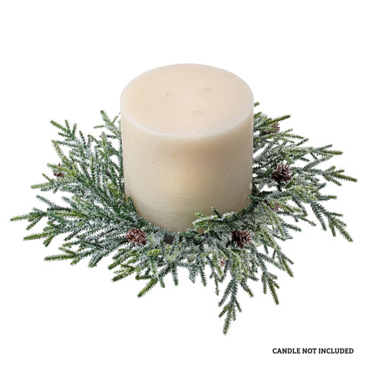 13″ Green and White Frosted Mini Fir with Pine Cones Candle Ring