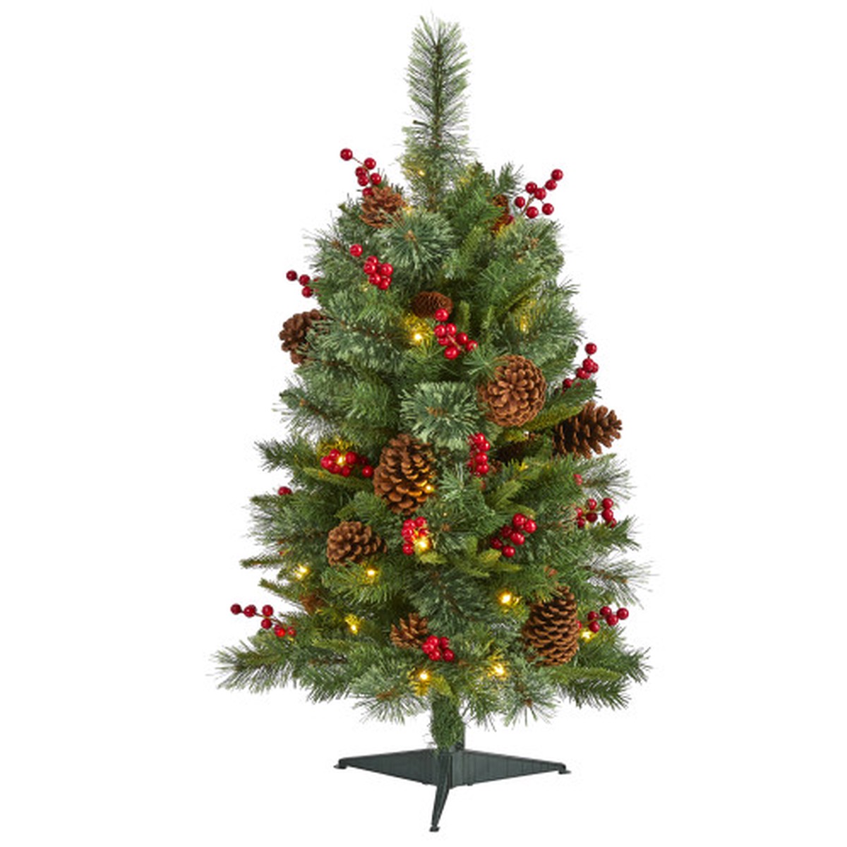 3 Pre-Lit Norway Cone and Berry Pine Artificial Christmas Tree, Clear LED Lights