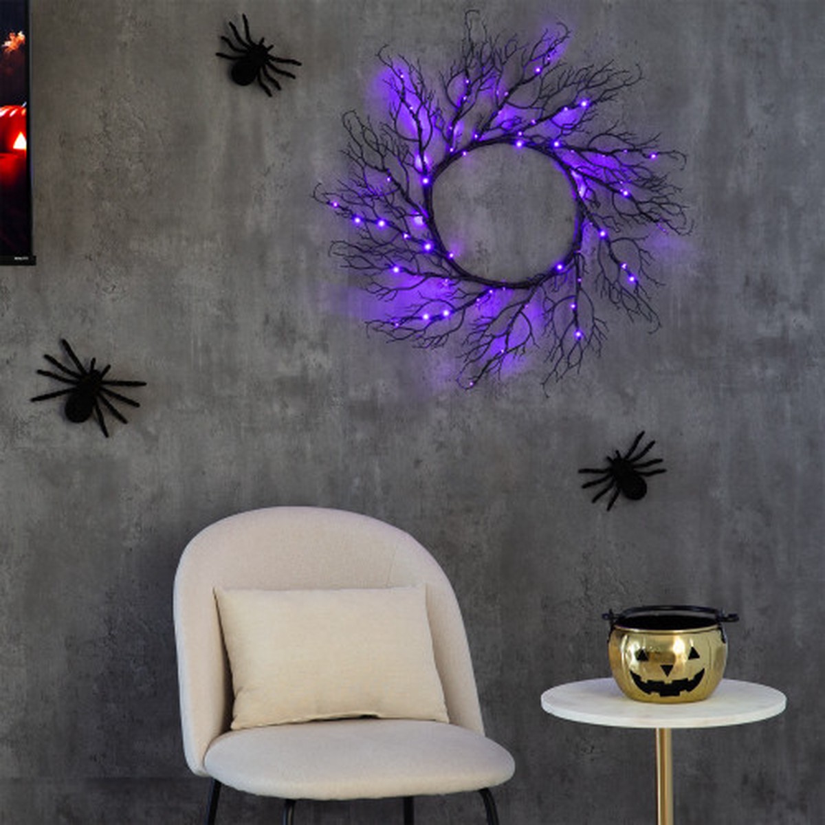 Pre-Lit Black Artificial Halloween Wreath – 23″ – Dual Color LED Lights