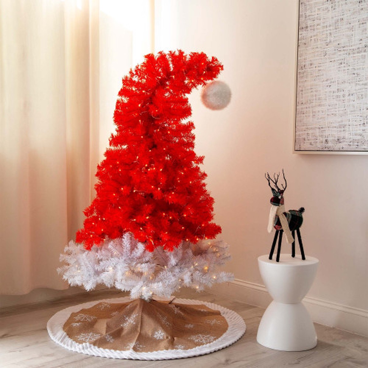 Pre-lit Medium Red Santas Hat Christmas Tree - 5 - Warm White LED Lights