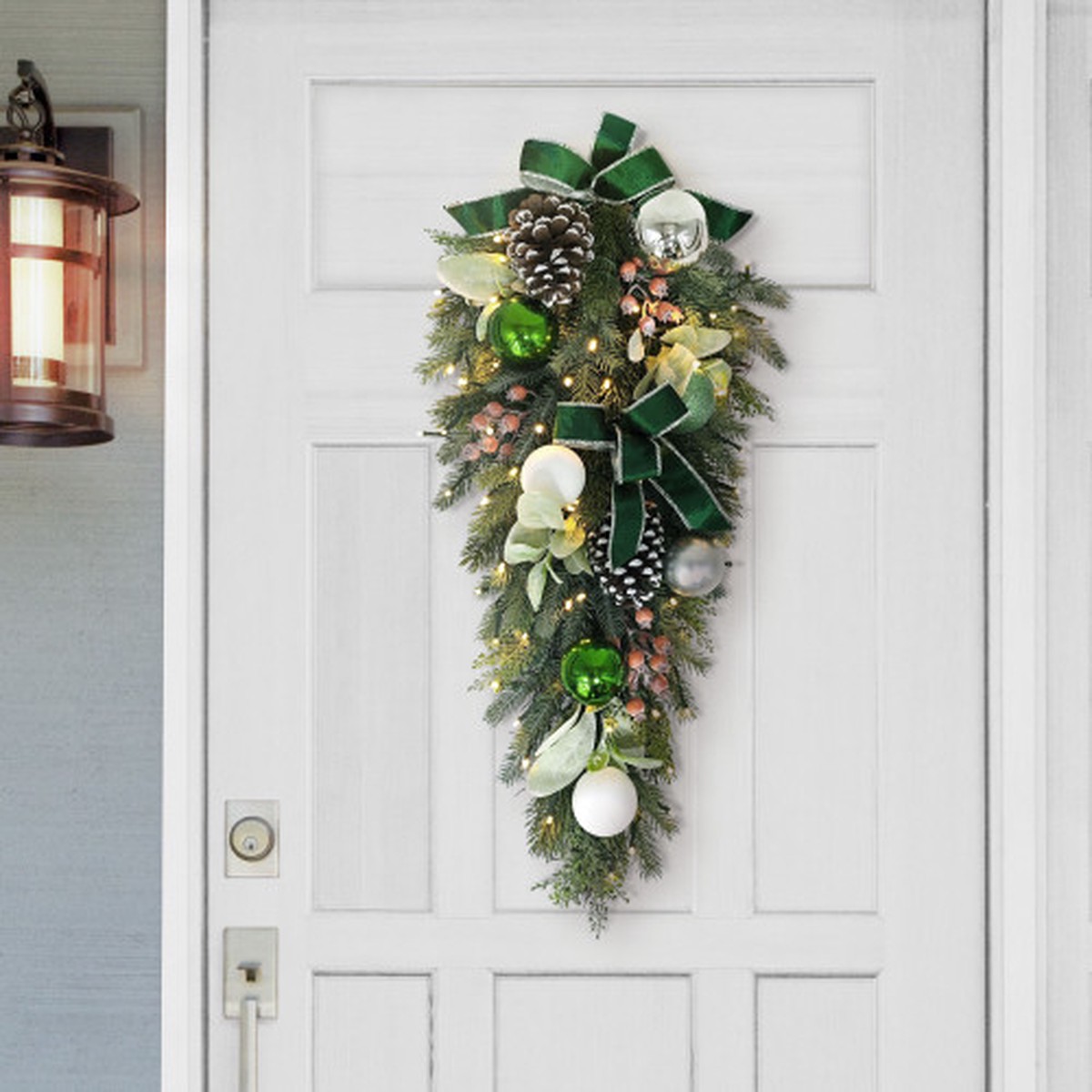 Pre-Lit Pine with Bows and Ornaments Artificial Christmas Swag – 28″ – Warm White