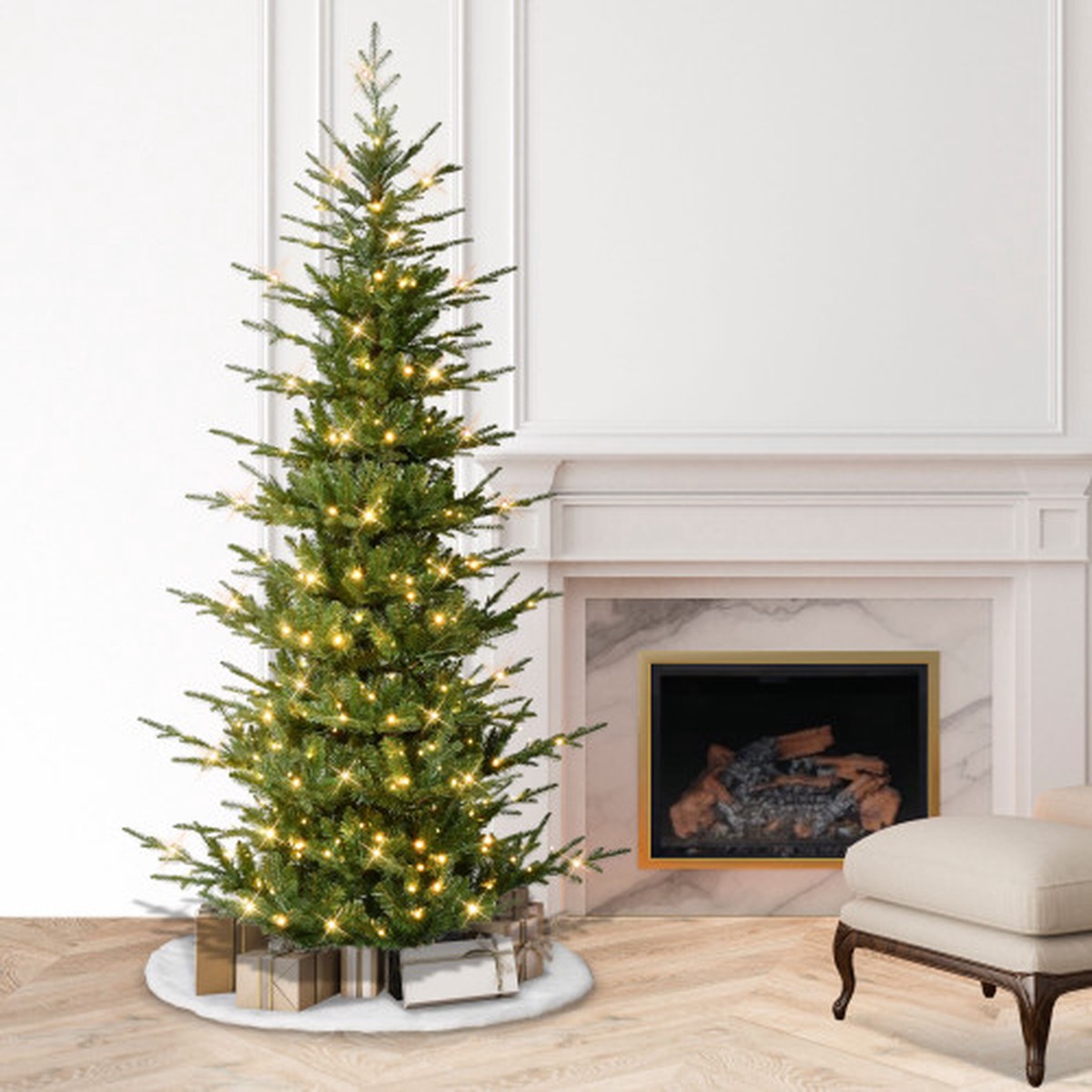 Pre-Lit Slim Hillside Spruce Artificial Christmas Tree – 7.5 – Warm White LED Lights