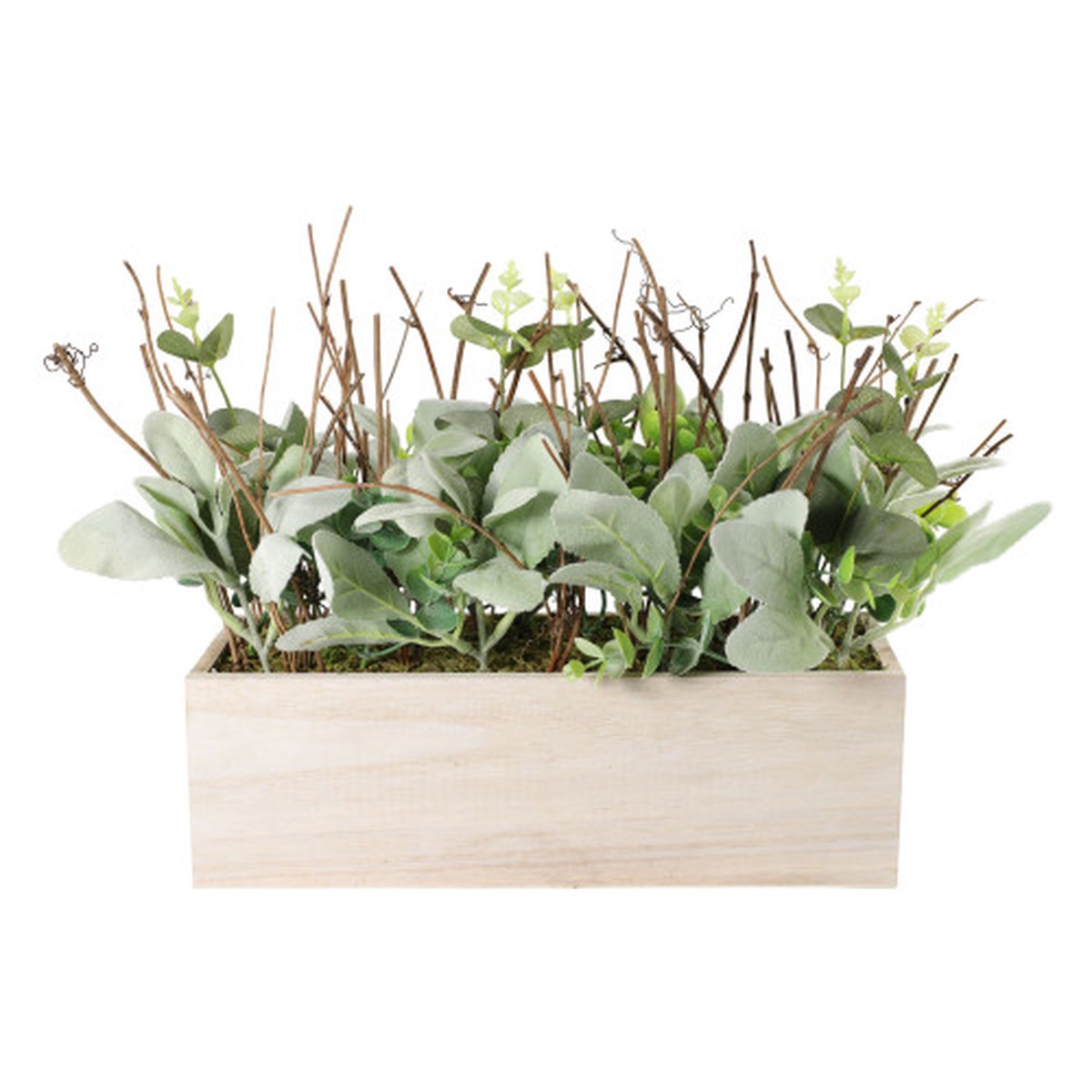 12″ Green and Beige Lambs Ear Faux Plant Arrangement in a Wooden Planter