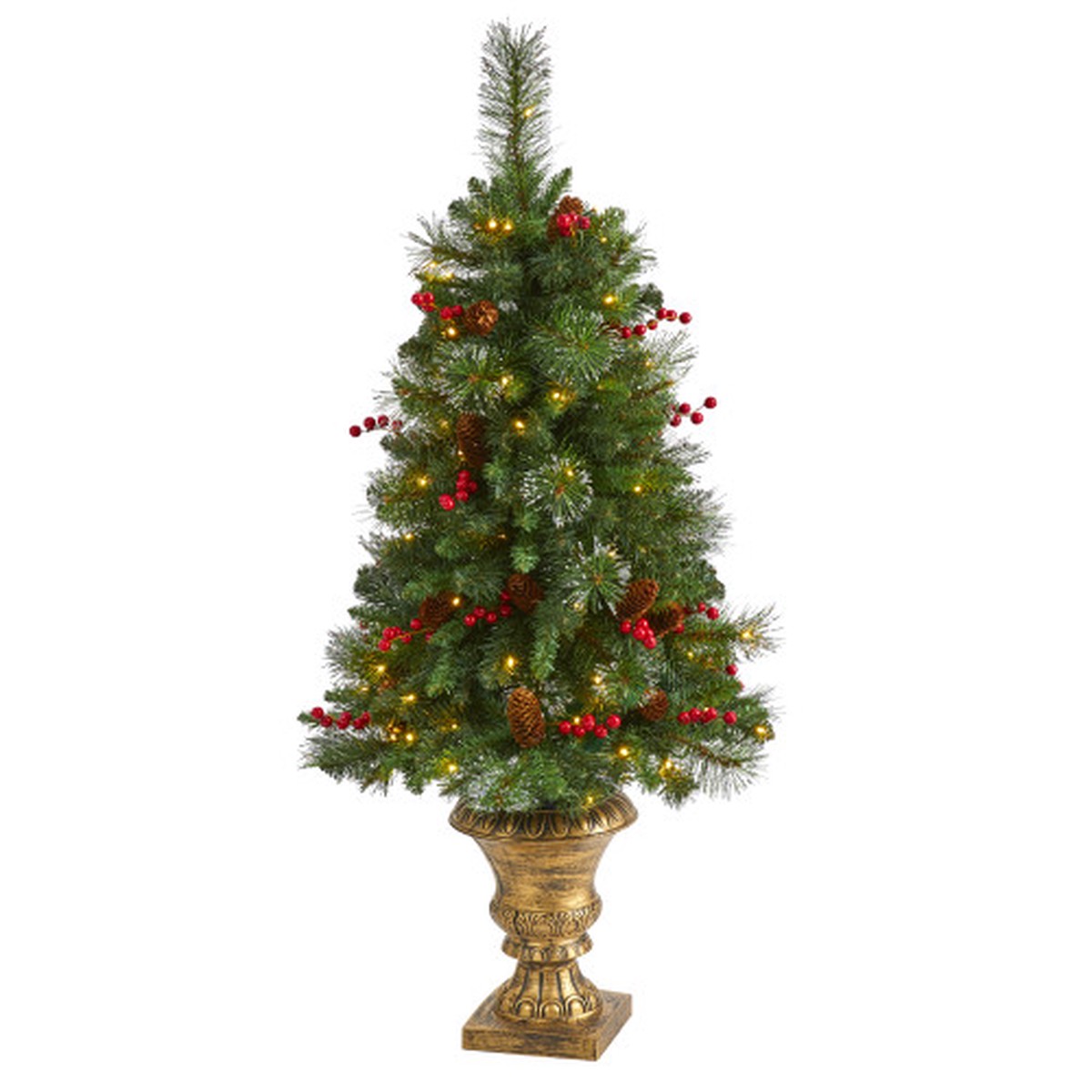 4 Pre-Lit Pine with Pinecones and Berries Artificial Christmas Tree, Clear LED Lights
