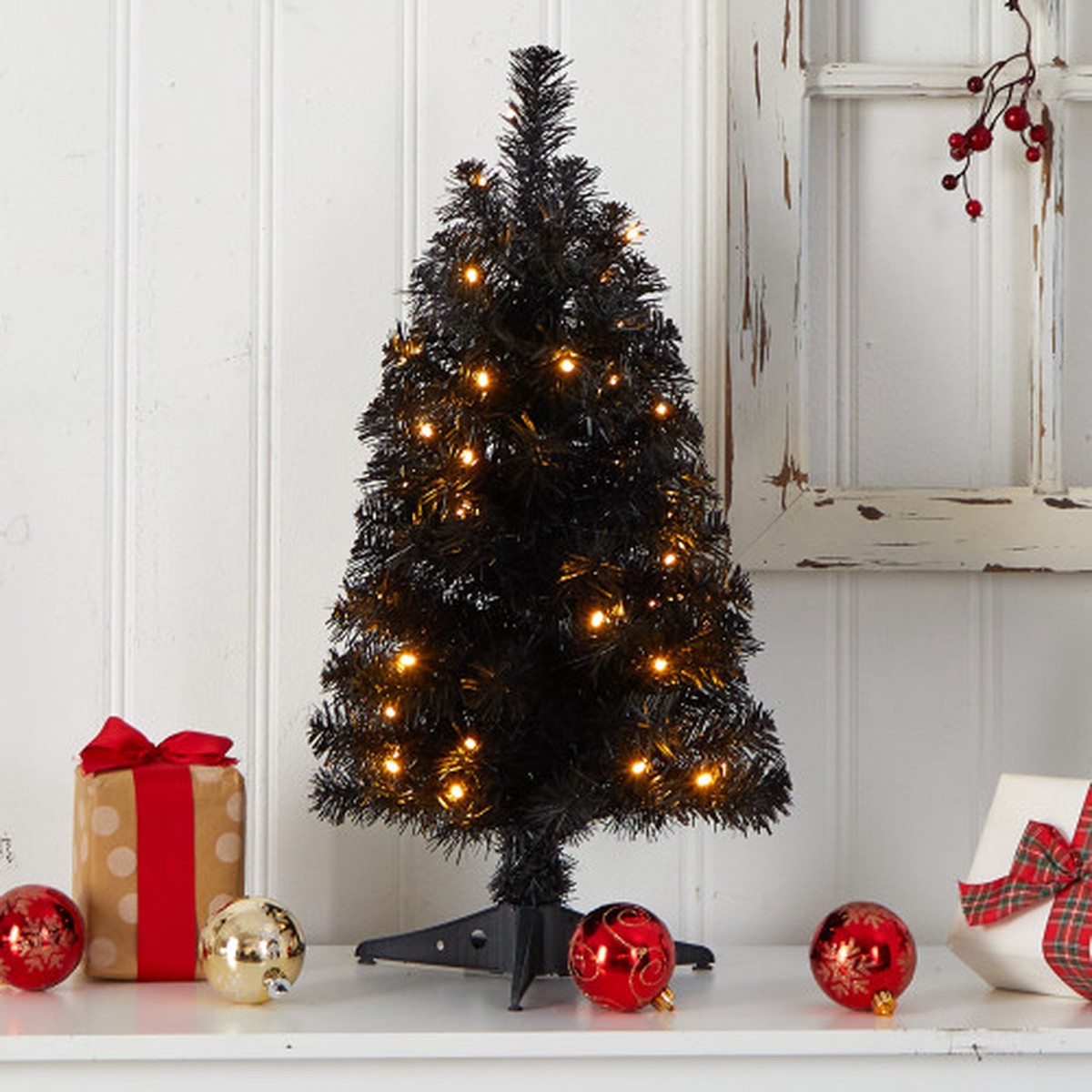 Pre-Lit Black Medium Artificial Halloween Tree - 2 - Clear LED Lights