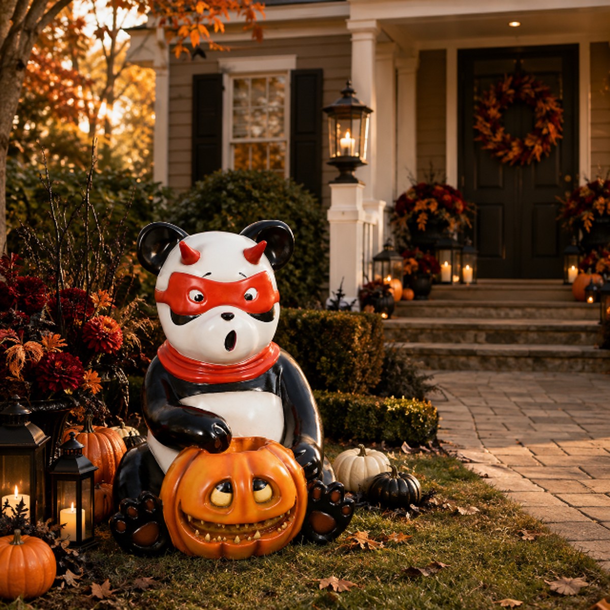 Large Evil Panda Holding Spooky Pumpkin Figure, 36″