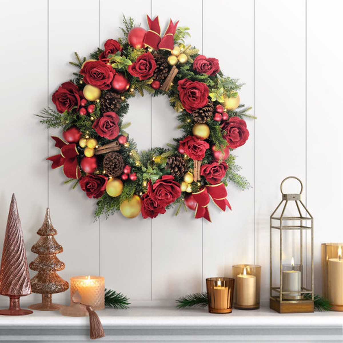 Pre-Lit Floral Artificial Christmas Wreath – 26″ – Warm White LED Lights