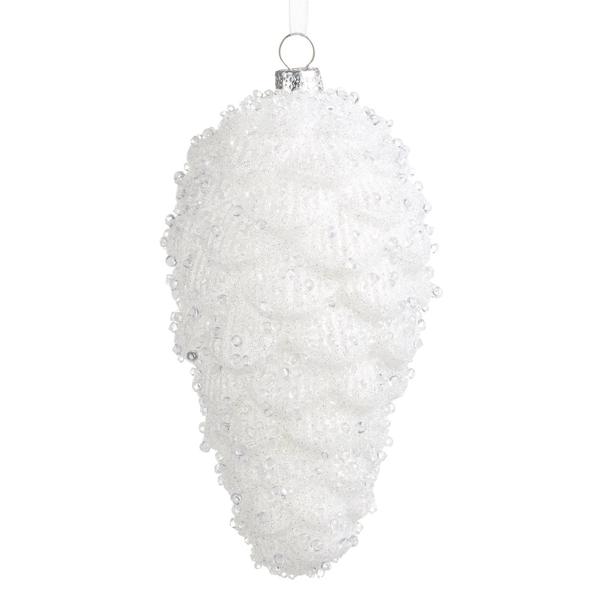 White Crystal Glass Pinecone Ornament, 6.5″