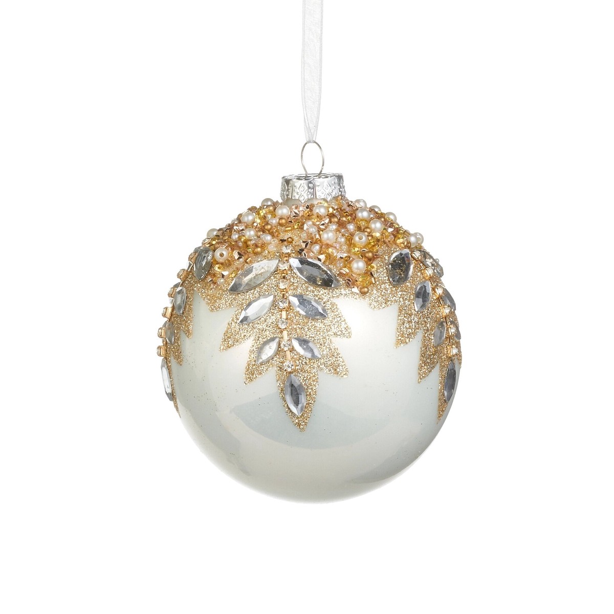 White Gem Encrusted Glass Ornament, 4″ – 5″ (3 styles – sold individually) – 3 – Ball