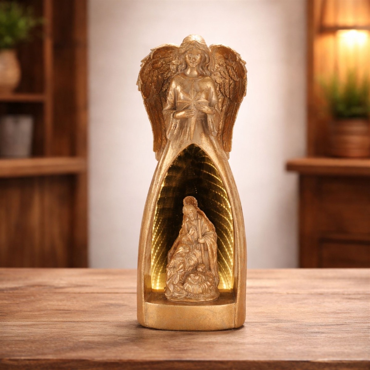 Angel Infinity Light w/Holy Family Creche, Acrylic w/UL Plug, 15.5″
