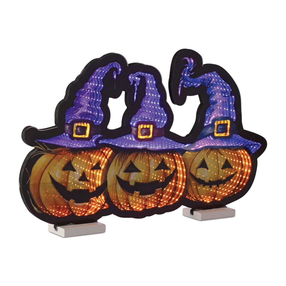 Triple Jack-O-Lantern w/Witches Hats Infinity Light, Acrylic w/UL Plug, 15″
