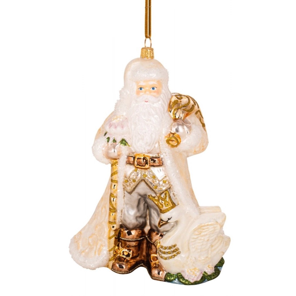 White Swan Santa Glass Ornament