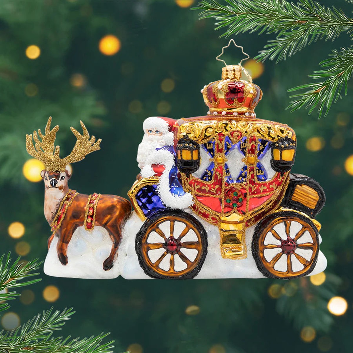 Yuletide Carriage Ride Santa Glass Ornament, 5″