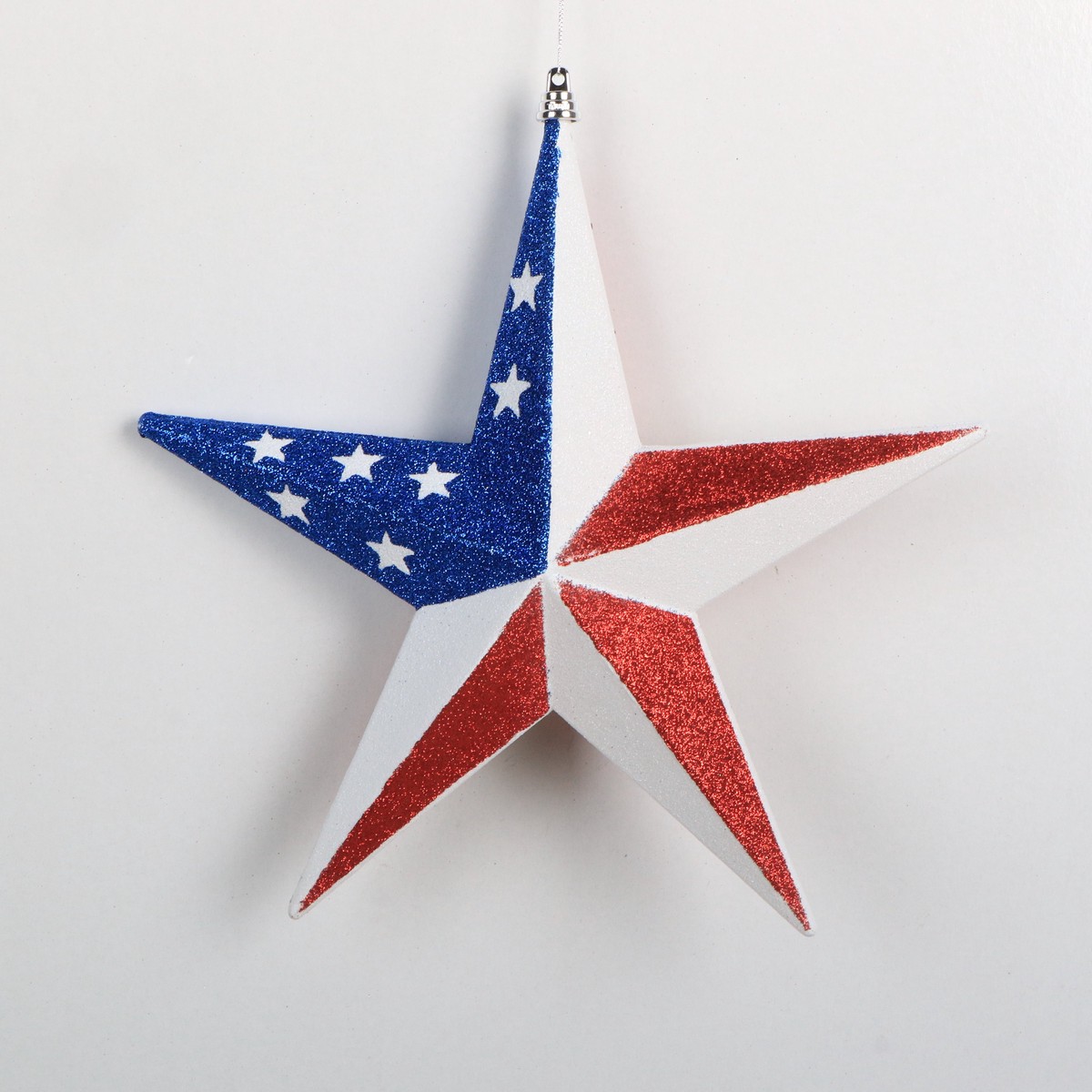 4th of July Star Ornament, 12″ (White, Blue and Red Glitter)
