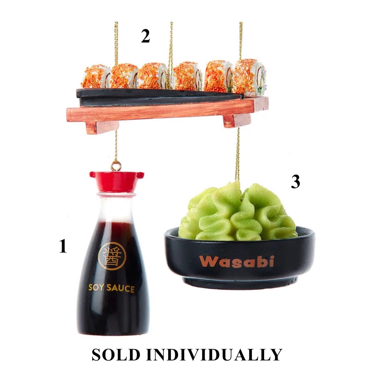 Wasabi, Soy Sauce & Sushi Ornaments, 2.5″-3″ (3 styles – sold individually)