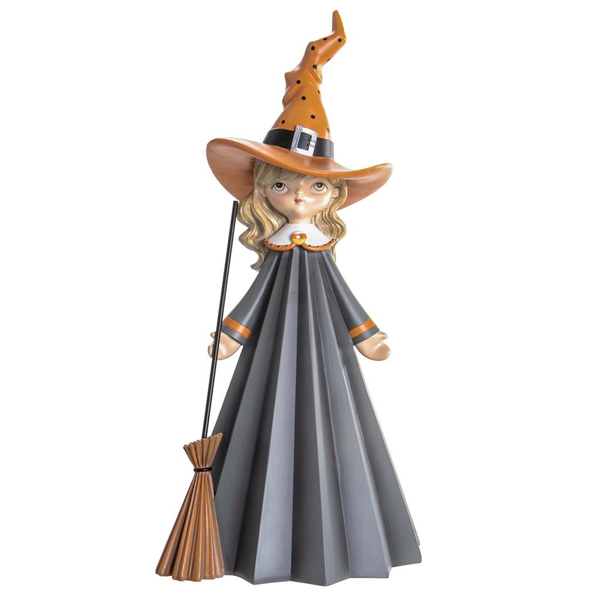 Witch With Broom Figurine, 21.2″ (Gray & Orange)