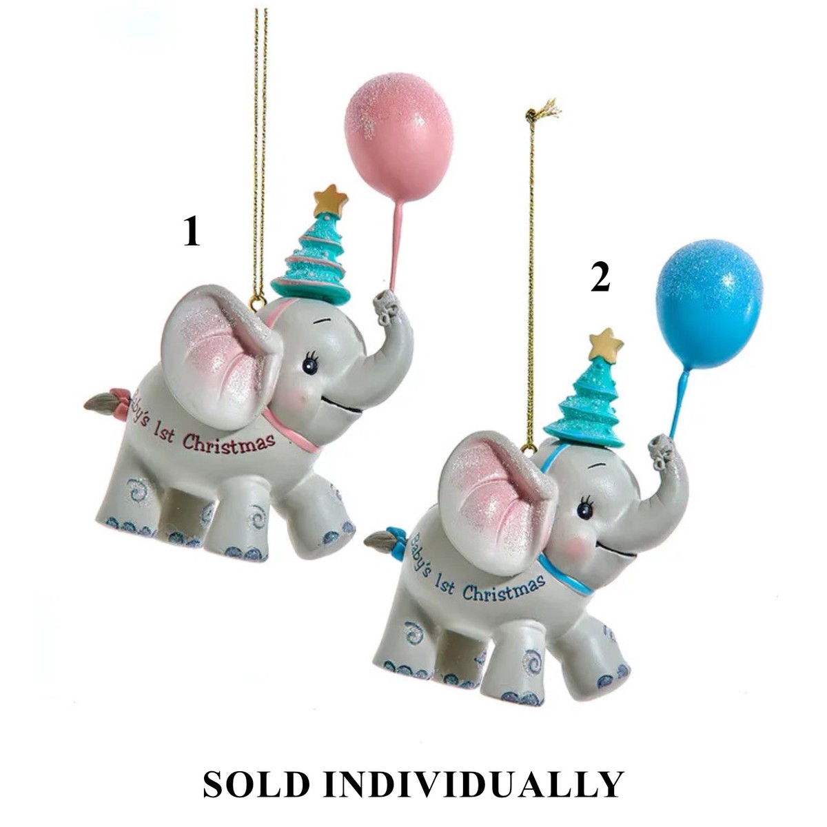 “Baby’s 1st Christmas” Elephant With Balloon Ornaments For Personalization, 3.5″ (2 styles – sold individually)