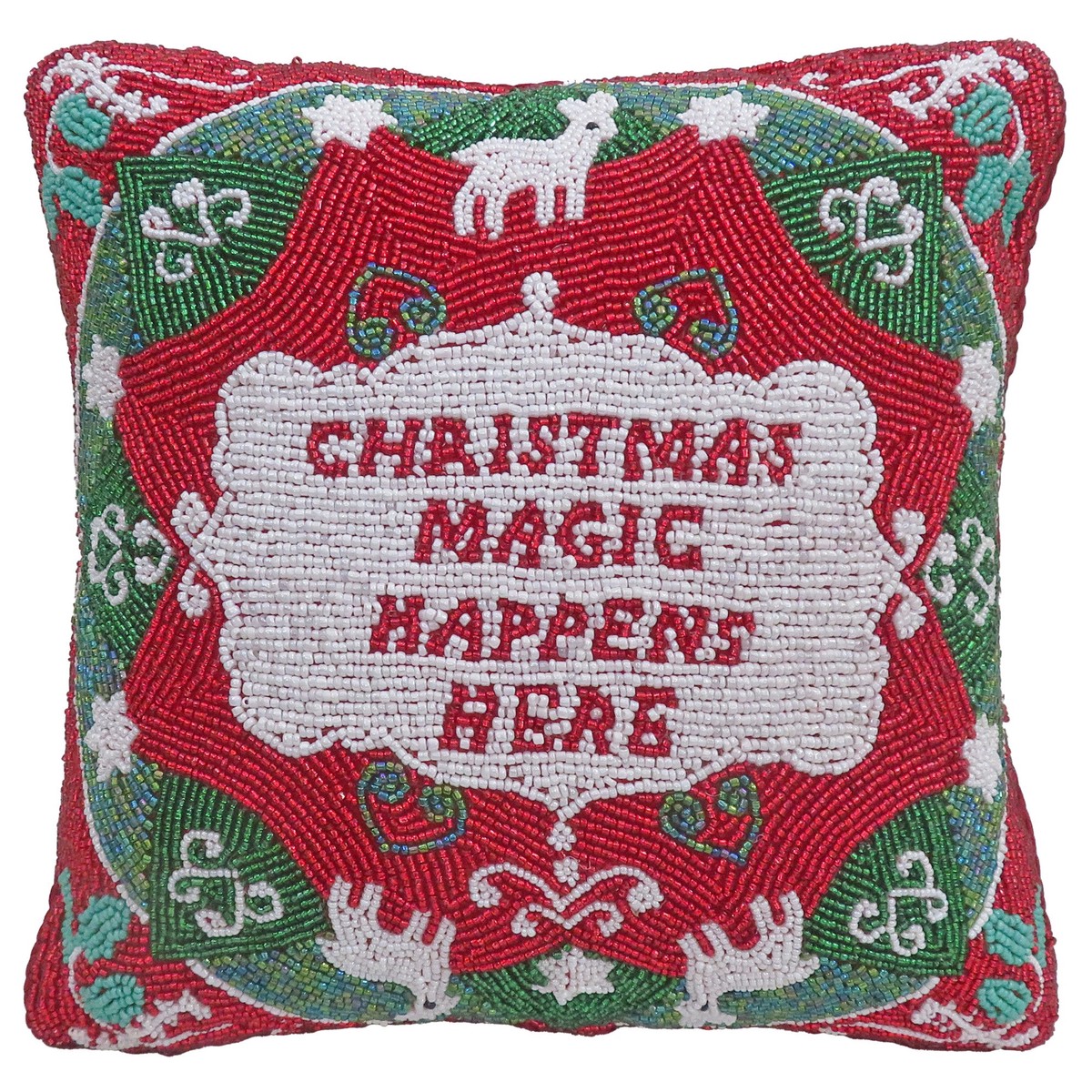 “Christmas Magic Happens Here” Beaded Pillow, 10×10