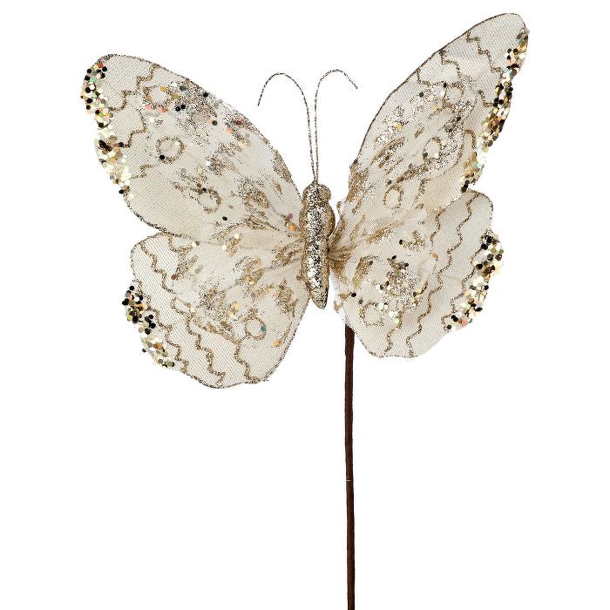 Sheer Organza/Sequin Butterfly Stem, 17″ (Ivory)