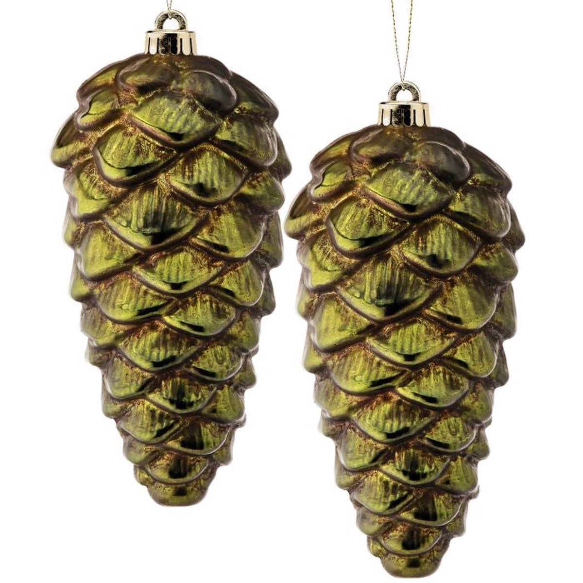 VP Metallic Pine Cone Ornament, 10″ (Set of 2) (Antique Green)