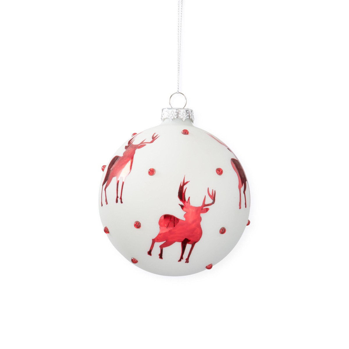 White Glass Ornament w/ Red Reindeer & Crystals, 4.5″