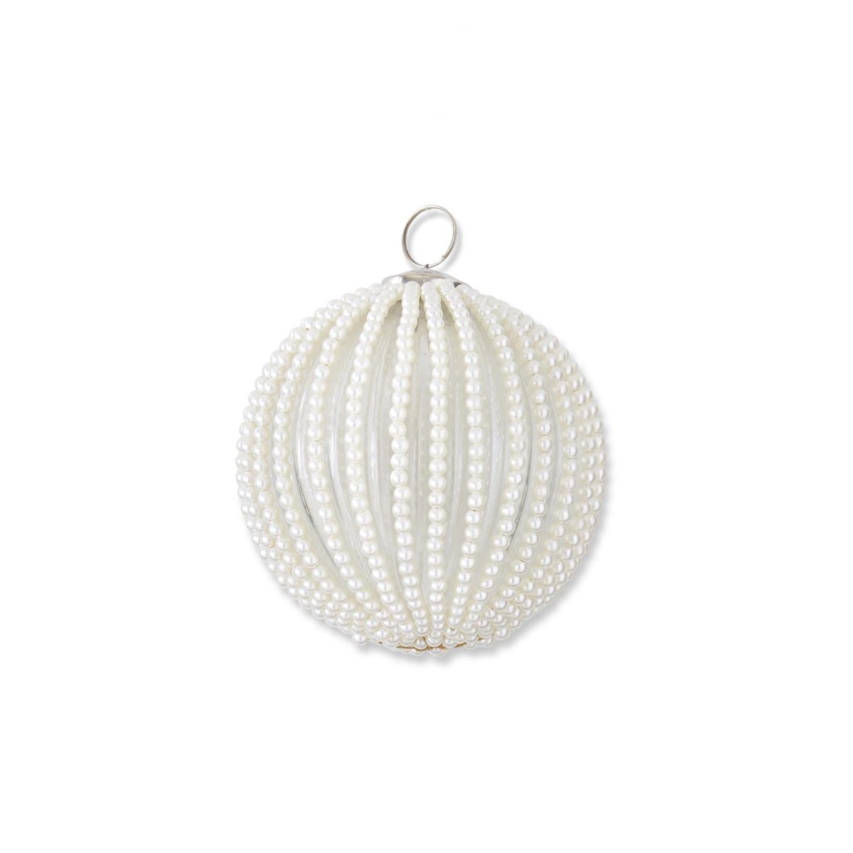 4.75″ Round Clear Glass Ornament w/Wired White Beaded Stripes