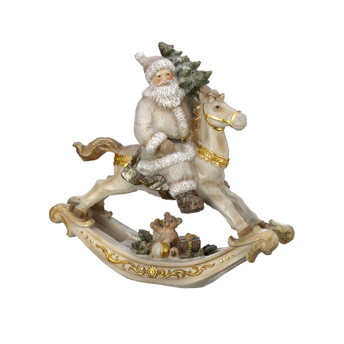 11.6″ Resin Santa Rocking Horse (Ivory / Gold)