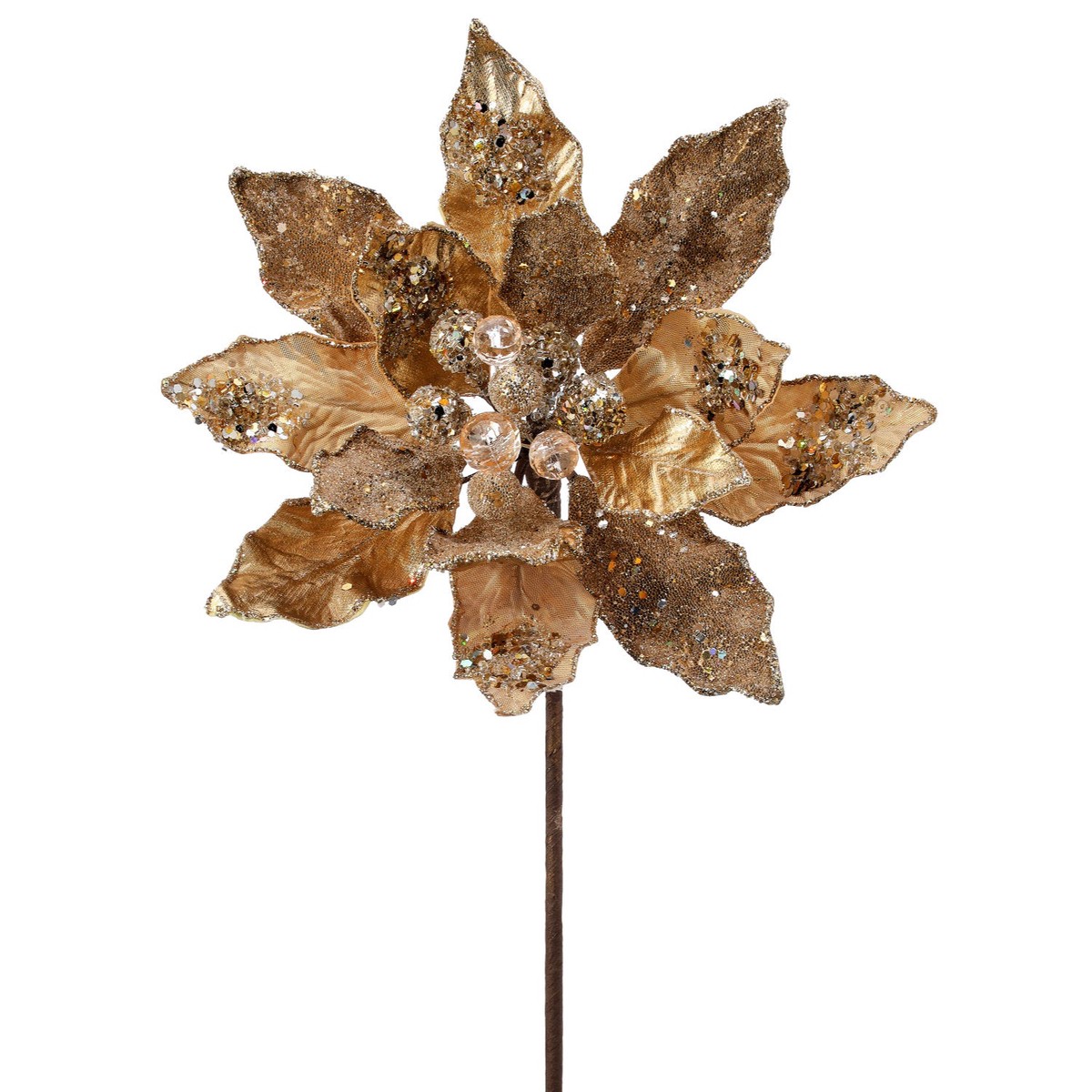24″ Iced w/Jewel Encrusted Poinsettia Stem (Champagne Gold)