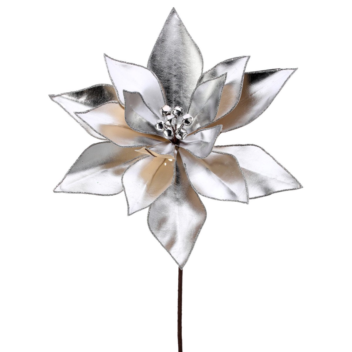 24″ Retro Poinsettia Stem w/Jingle Bells (Silver)