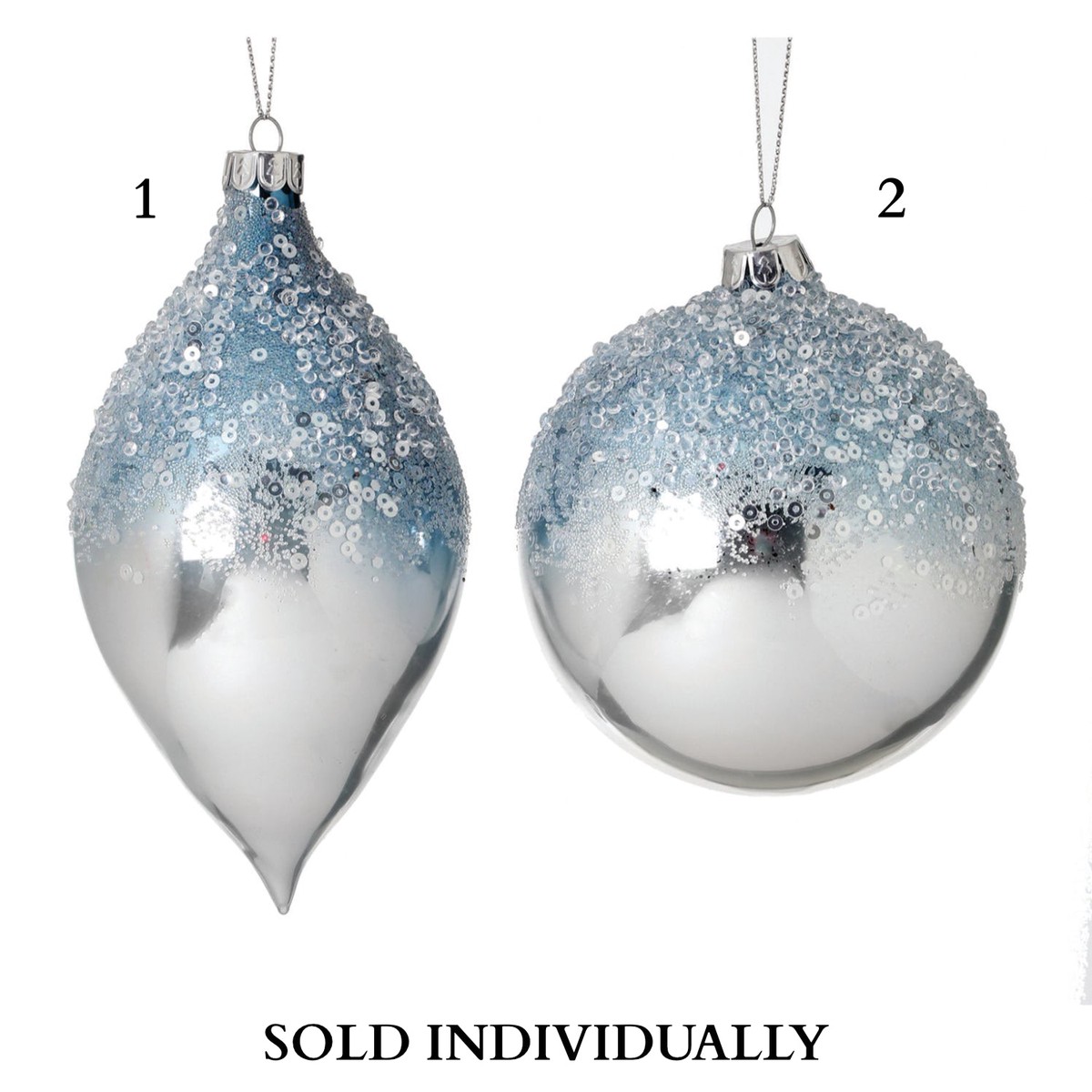 4-6″Glass Metallic Ice/Sequin Ornament (2 Styles – Sold individually)